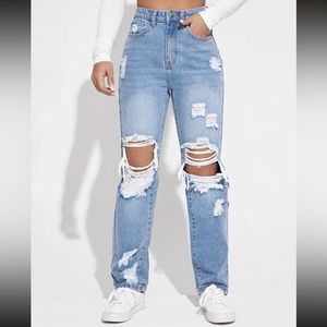 SHEIN EZwear High Waist Ripped Straight Leg Jeans